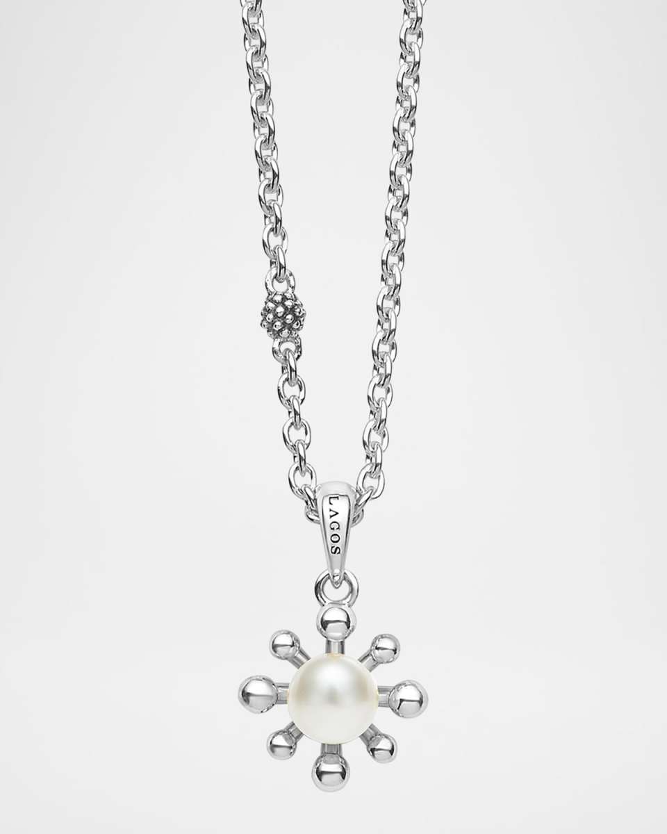Luna Fleur Floral Pearl Pendant Necklace in Sterling Silver, 16"L